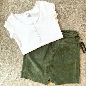 Olive Green Leather Skirt & White Button Shirt